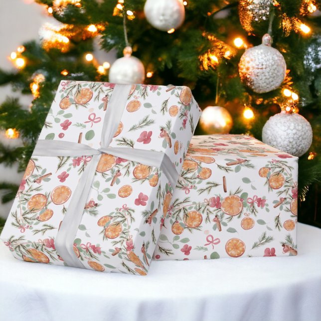 Papel De Regalo Festividad Naranja Pino floral acuarela vacaciones (Festive Orange Pine floral Watercolor Holiday Wrapping Paper)