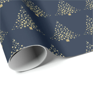 Papel De Regalo Festividad Oro Árboles navideños Marina Azul