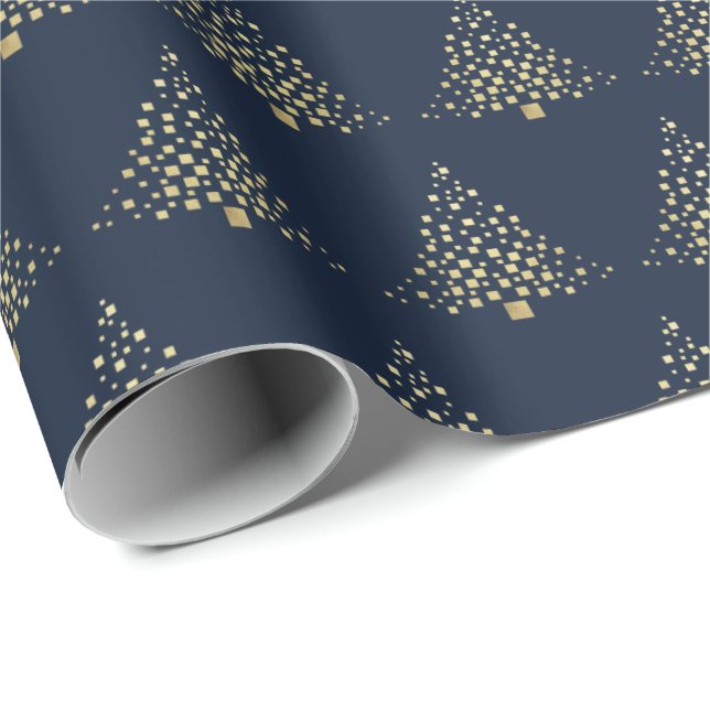 Papel De Regalo Festividad Oro Árboles navideños Marina Azul (Esquina del rollo)