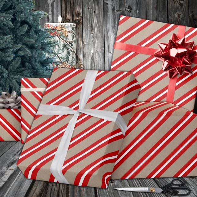 Papel De Regalo Festividad Rustic Kraft Red White Wide Stripe (Rustic Kraft Red White Wide Stripe Holiday Wrapping Paper in 6 & 15 foot long 30 Inch Width Rolls
)