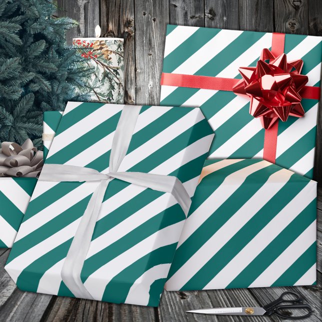 Papel De Regalo Festividad verde azulada de banda ancha verde (Teal Green Wide Stripe Holiday Wrapping Paper in 6 and 15 foot 30 Inch Width Rolls.)