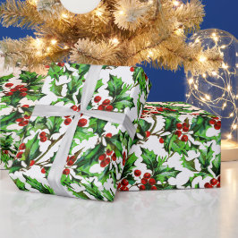 Papel De Regalo Festividad Vintage Navidad Red Holly Berries