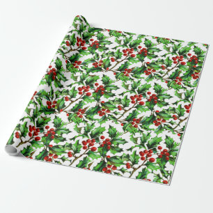 Papel De Regalo Festividad Vintage Navidad Red Holly Berries
