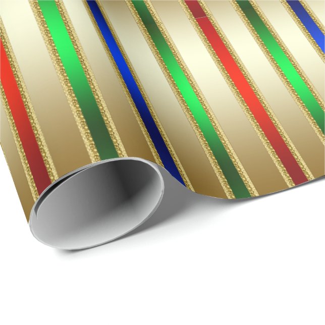 Papel De Regalo Festividades de Glam Stripes Rojo Azul Oro Verde (Esquina del rollo)