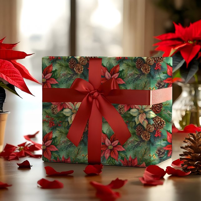 Papel De Regalo Festividades De Los Navidades De Pino Y Pineconas (Elegant Nostalgic Watercolor Poinsettias, Pine and Pinecones Christmas Holiday Wrapping Paper)