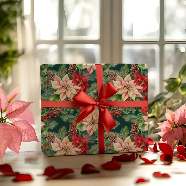 Papel De Regalo Festividades De Los Navidades De Pino Y Pineconas (Elegant Nostalgic Watercolor Poinsettias, Pine and Pinecones Christmas Holiday Wrapping Paper)