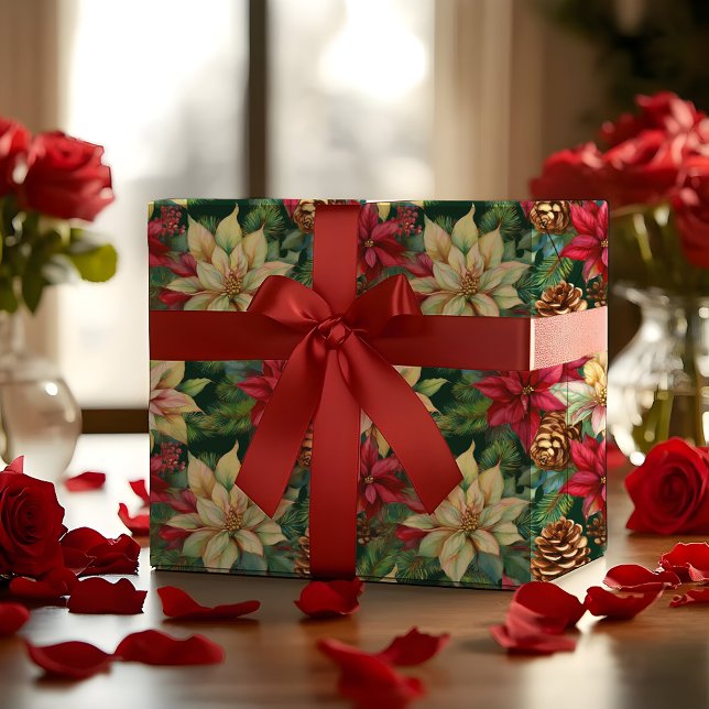Papel De Regalo Festividades De Los Navidades De Pino Y Pineconas (Elegant Nostalgic Watercolor Poinsettias, Pine and Pinecones Christmas Holiday Wrapping Paper)