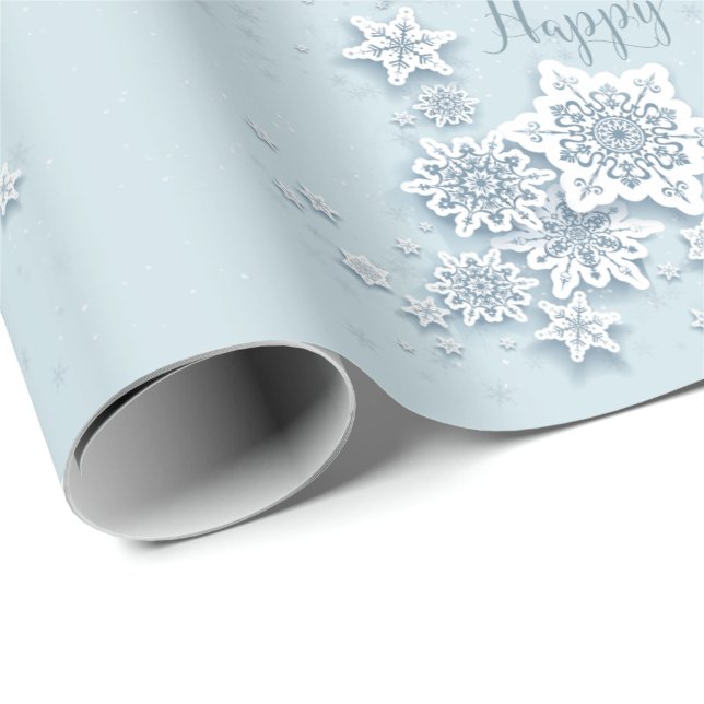 Papel De Regalo Festividades Felices de las Copas de Nieve Azules (Esquina del rollo)
