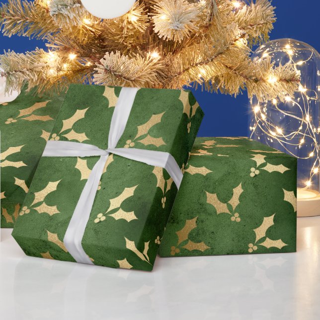 Papel De Regalo Festividades verdes y Relieves metalizados dorados (Vacaciones)