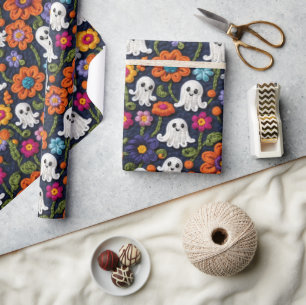 Papel De Regalo Fflores y fantasmas de estilo Crochet de Halloween