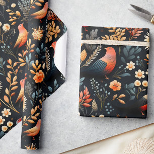 Papel De Regalo Fiery Elegancia Otoño Aves Salvajes y Florales, Ne