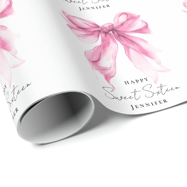 Papel De Regalo Fiesta Coquette Script Sweet 16 con Lazo Rosa (Esquina del rollo)