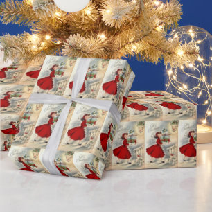 Papel De Regalo Fiesta de azulejos de la dama de Navidad retro vin