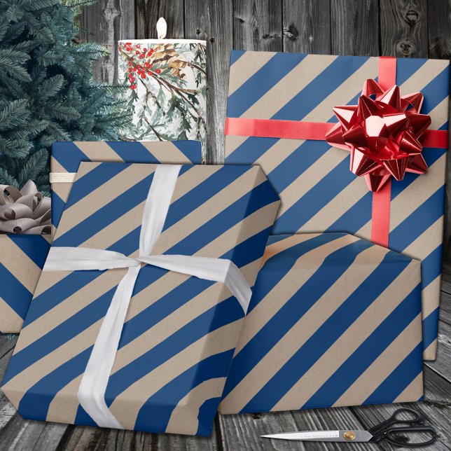 Papel De Regalo Fiesta de banda ancha azul de la Marina Rustica Kr (Rustic Kraft Navy Blue Wide Stripe Holiday Wrapping Paper In 6 & 15 Foot Long 30 Inch Wide Rolls)