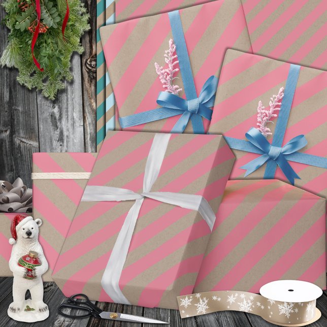 Papel De Regalo Fiesta de banda ancha rosada Rústica Kraft Dusty R (Rustic Kraft Dusty Rose Pink Wide Stripe Holiday Wrapping Paper in 6 & 15 foot rolls of 30 inch wide)
