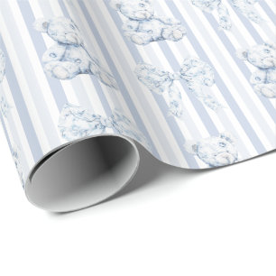 Papel De Regalo Fiesta de Bebé Niño con Toile Azul Vintage y Rayas