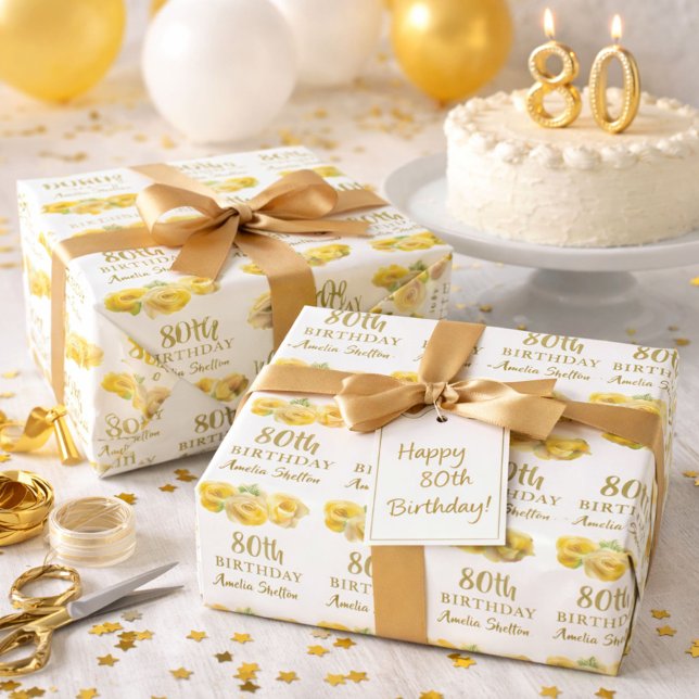 Papel De Regalo Fiesta de cumpleaños 80 de la floral amarilla Rose (Subido por el creador)
