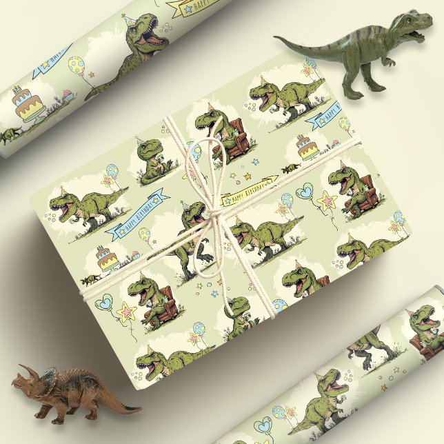 Papel De Regalo Fiesta de cumpleaños de dibujos animados de T Rex  (T Rex Dinosaur Cartoon Green and Blue Jurassic three-rex kids funny birthday party wrapping paper)