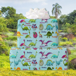 Papel De Regalo Fiesta de cumpleaños de dinosaurio agrega nombre a