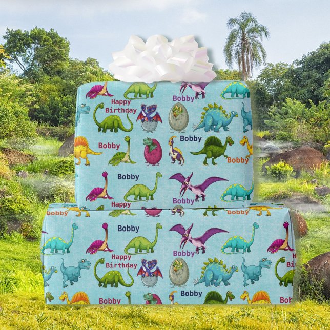Papel De Regalo Fiesta de cumpleaños de dinosaurio agrega nombre a (Subido por el creador)