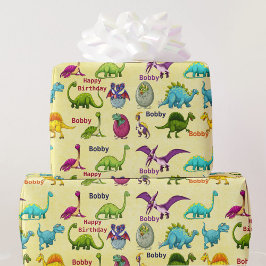 Papel De Regalo Fiesta de cumpleaños de dinosaurio agrega nombre a