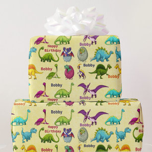 Papel De Regalo Fiesta de cumpleaños de dinosaurio agrega nombre a