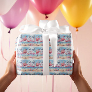 Papel De Regalo Fiesta de Cumpleaños de Flamencos en la Playa
