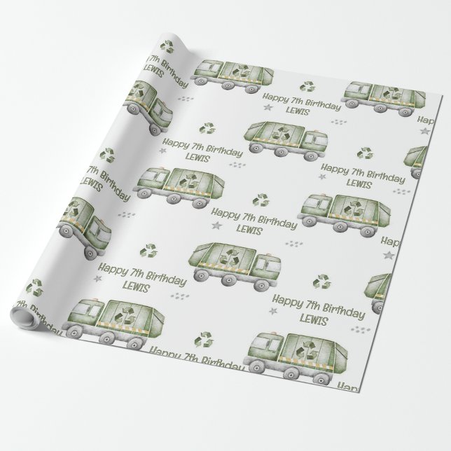 Papel De Regalo Fiesta de cumpleaños de Green Garbage Truck (Personalized Green Garbage Truck Birthday Party Wrapping Paper)