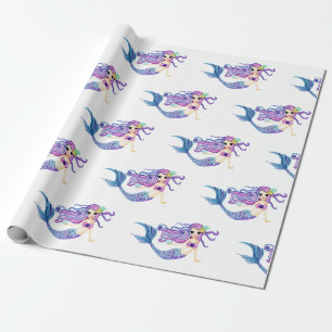 Papel De Regalo Fiesta de cumpleaños de sirena con acuarela