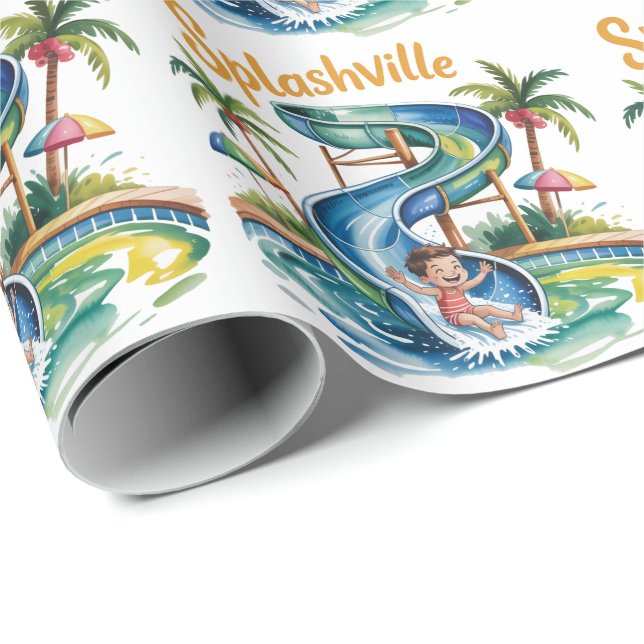 Papel De Regalo Fiesta de cumpleaños de Splashville Water Slide Bo (Esquina del rollo)