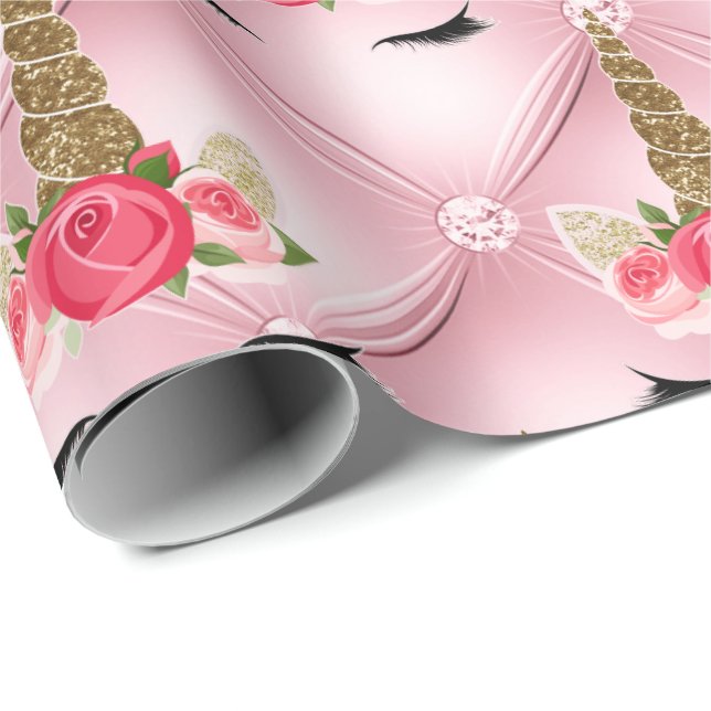 Papel De Regalo Fiesta de cumpleaños de Unicornio con rosas rosada (Esquina del rollo)