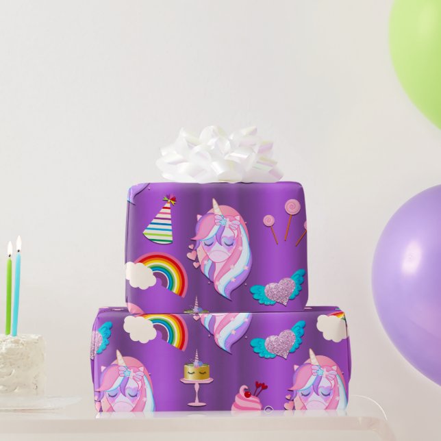 Papel De Regalo Fiesta de cumpleaños de Unicornio en morado (Regalos de fiesta)