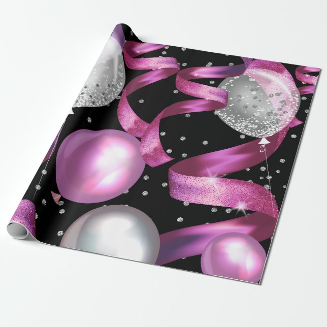 Papel De Regalo Fiesta de Cumpleaños Dulces 16 Purpura Negro Plata (Desenrollado)