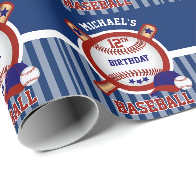 Papel De Regalo Fiesta de cumpleaños número 0 - Béisbol - Azul osc (Esquina del rollo)