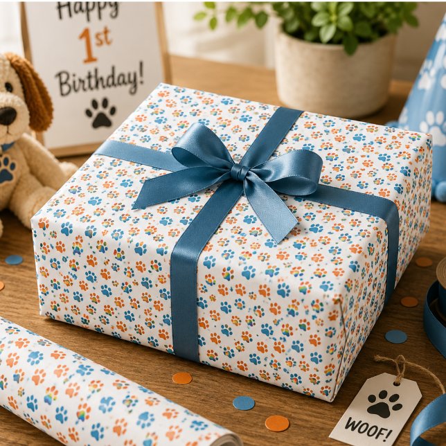 Papel De Regalo Fiesta de cumpleaños número 1 con perro adorable e (Adorable Dog Rainbow Watercolor 1st Birthday Party Wrapping Paper)