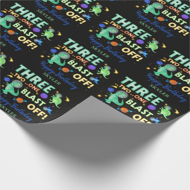 Papel De Regalo Fiesta de cumpleaños número 3 de dinosaurios espac (Esquina)