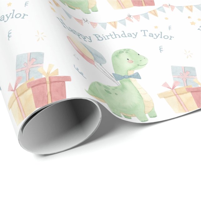 Papel De Regalo Fiesta de dinosaurios Cute Happy Birday (Esquina del rollo)