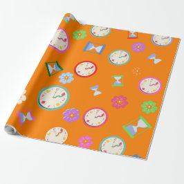 Papel De Regalo Fiesta de flores y relojes naranjas alegres