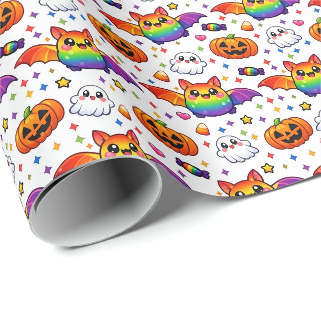 Papel De Regalo 🎃🌈 Fiesta de Halloween de Arcoíris Espeluznante (Esquina del rollo)