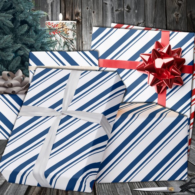 Papel De Regalo Fiesta de la franja de cañón azul de la marina (Navy Blue Candy Cane Stripe Holiday Wrapping Paper in 6 and 15 foot long 30 Inch Width Rolls.
)