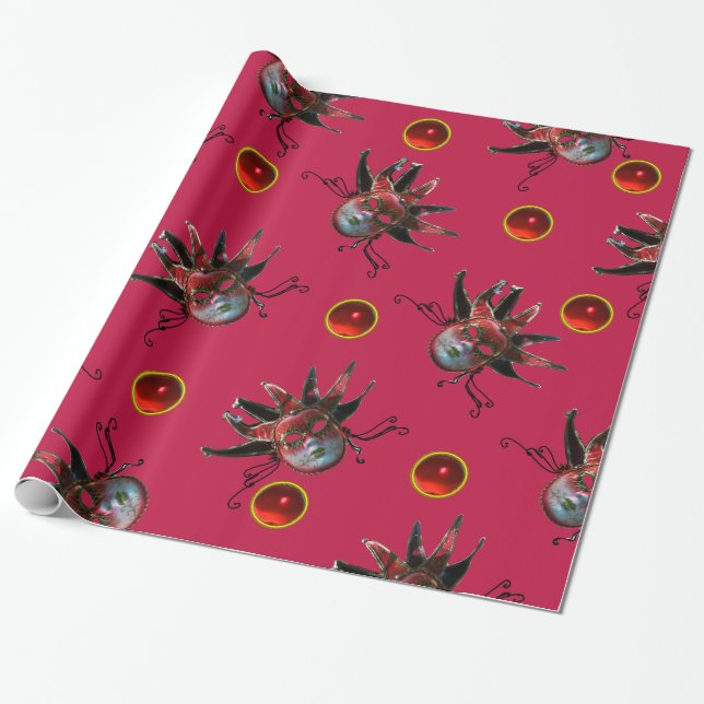 Papel De Regalo Fiesta de la mascarada del carnaval de JESTER ROJO (Desenrollado)