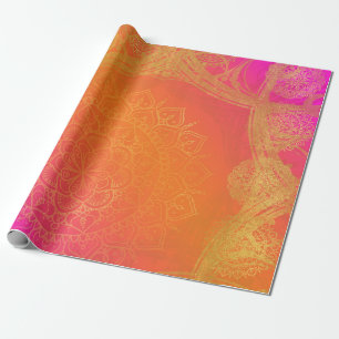 Papel De Regalo Fiesta de Mandala Hindú Rosa Fuchsia Naranja y Dor