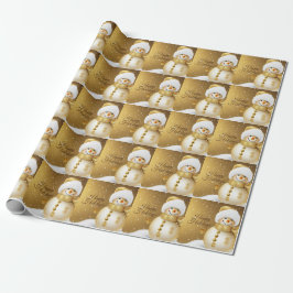 Papel De Regalo Fiesta de Navidad Hombre de Nieve Dorado Copos de 