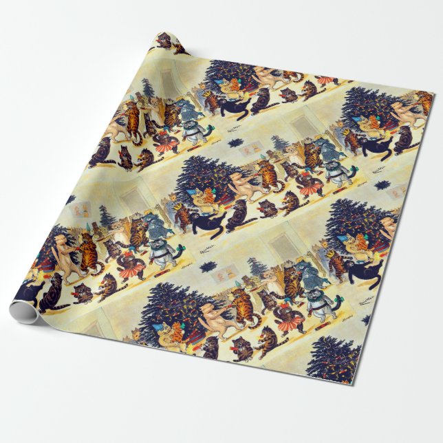 Papel De Regalo Fiesta de Navidades de gato, Louis Wain (Desenrollado)