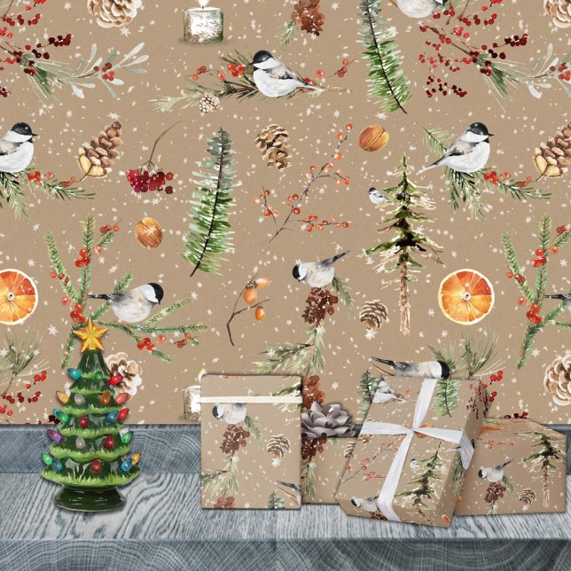 Papel De Regalo Fiesta de Navidades de Kraft Black Cap Chickadee (Rustic Kraft Black Cap Chickadee Christmas Party Holiday Wrapping Paper Rolls)