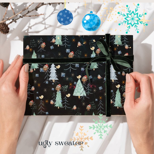 Papel De Regalo Fiesta de Navidades suéteres adorables Lechuza (Ugly Sweater Christmas Party cute Owl Wrapping Paper)