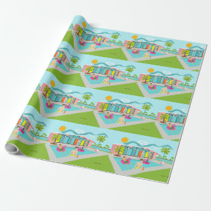 Papel De Regalo Fiesta de piscina de flamenco rosa gay retro
