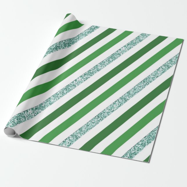 Papel De Regalo Fiesta de Rayas Brillo Blanco Verde (Desenrollado)
