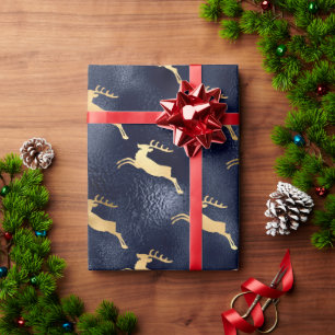 Papel De Regalo Fiesta de renos metálicos azul dorado