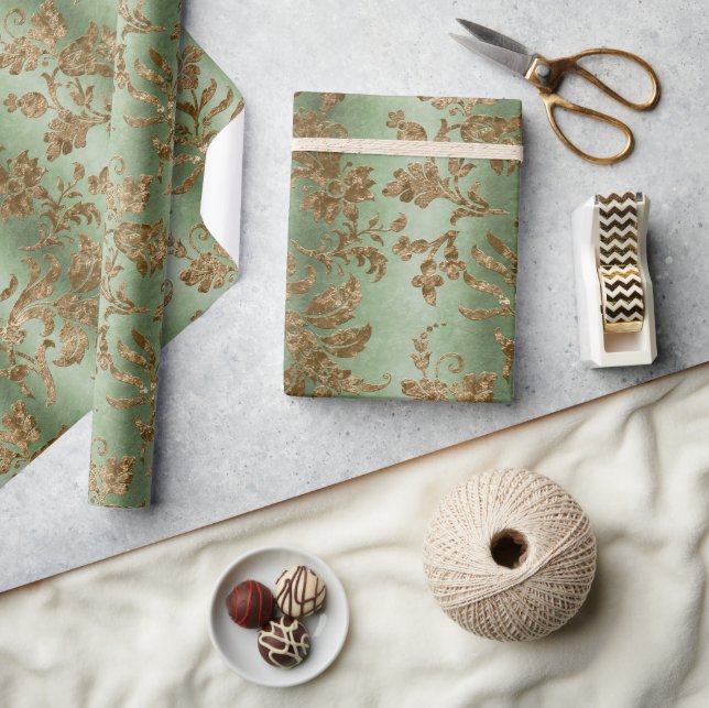 Papel De Regalo Fiesta de terciopelo verde y dorado (Artesanía)